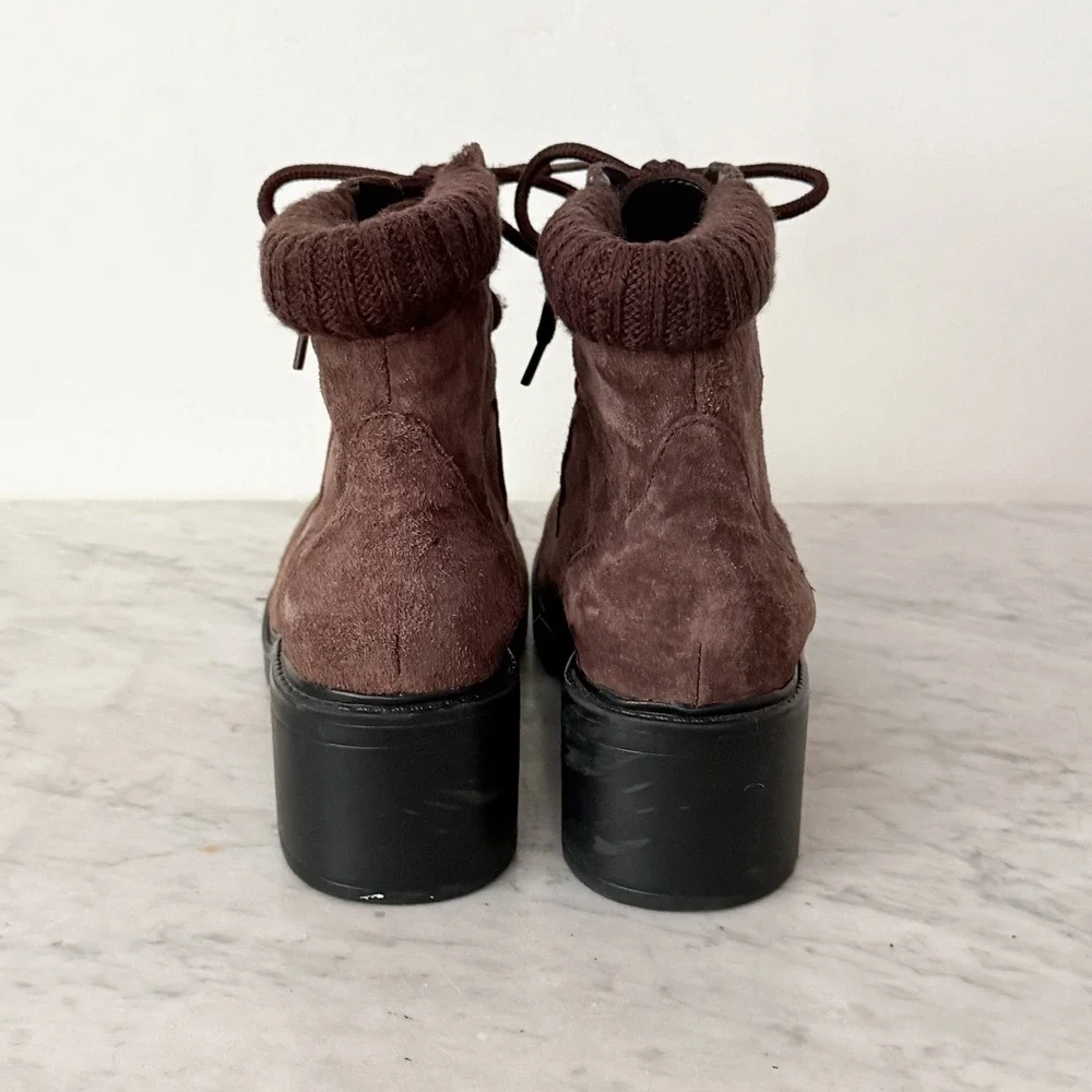 Links Suede Ankle Boots Knit Collar Lace Up Brown Chunky Block Heel Lug Sole 8.5